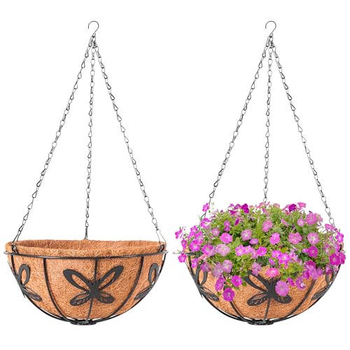 ARVINKEY Hanging Baskets Planter for Plants, 2 Pack 10 Inch Round Metal Wire Hanging Flower Pots with Coco Coir Liner Chain, Plant Holder for Home Garden Balcony Decor (10in, Round)