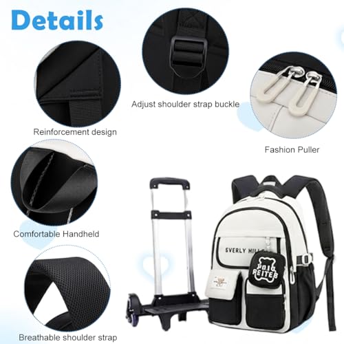 Image of PALAY Trolley School Bag Black White Polyester School Bag with Wheels Large Capacity Children's Trolley Backpack with Mini Pouch Waterproof Multi-Compartments Rolling Backpack for Elementary, Middle