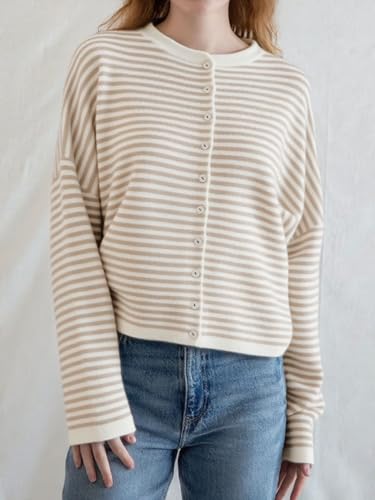 chouyatou Women 2025 Fall Striped Cardigan Sweaters Lightweight Cute Crewneck Button Down Cardigan Jacket4