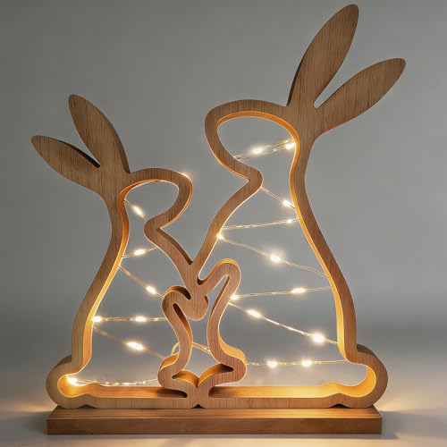 LUKIUP LED Osterhase Deko, Osterdeko Holz mit Lichterkette Osterbeleuchtung Frühlingsdekor Ornamente Beleuchtetes Osterhase aus Holz für Garten & Zuhause 31x25.3cm