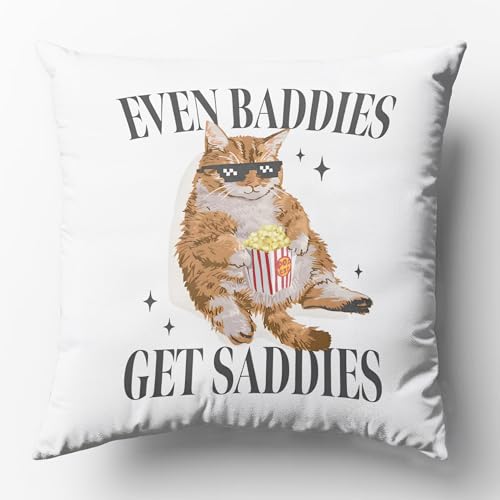 OFJE Mental Health Gifts Throw Pillow Covers case 18x18 for Therapy Therapist Office Decor，self Care Gifts，Anxiety Relief，Psychology Gifts，Depression self Help,Even Baddies Get Saddies Funny Cat Meme