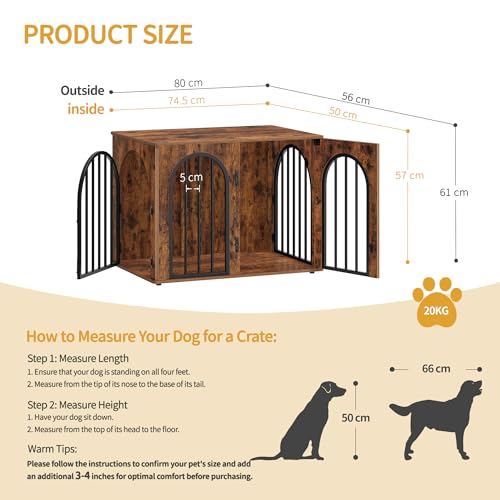 Hzuaneri Hundekäfig Möbel, 80cm Hundebox für Zuhause, 3 Türen, Bogentür, Moderne Hundebox Indoor für Hunde, Beistelltisch, Hundekäfig Hochbelastbar, 80 x 56 x 61 cm, Vintagebraun DFC85101B