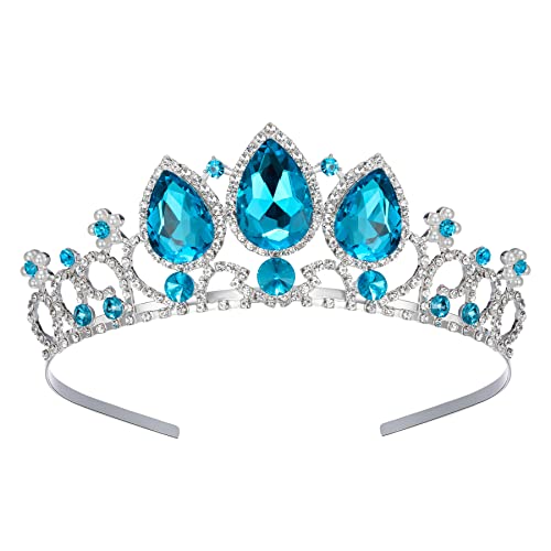 SWEETV Frozen Elsa Tiara for Girls Birthday and Costume, Blue Crystal Princess Crown Headband for Kids Cosplay, Wedding Hair Accessories for Flower Girls