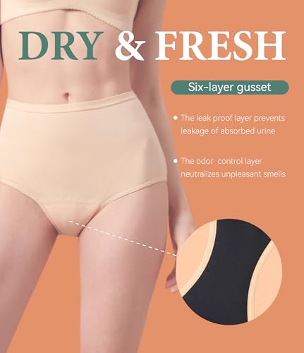 Image of Womens Washable Incontinence Underwear Bladder Leak Proof Odor Control Briefs 56 ml Absorbency Panties 3 Pack (Skin-Lotus Root-Baby Blue, M)