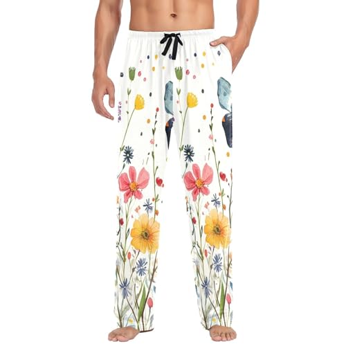 Pantalon de pyjama pour homme imprimé fleurs sauvages et papillon multicolore