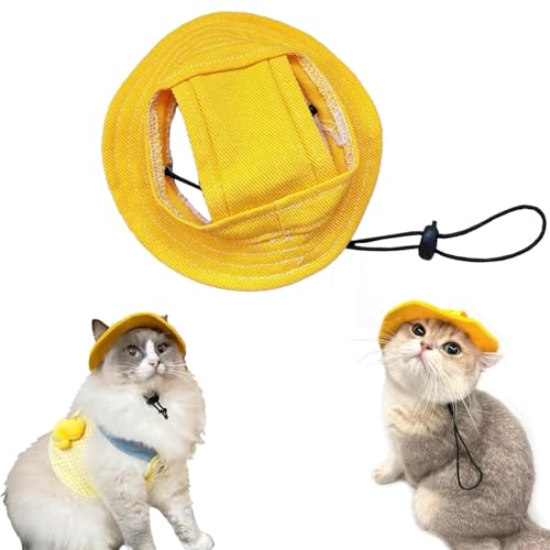 Kitten Hat, Cat Hat, Pet Costume for Cats, Yellow Cat Hat for Indoor and Outdoor Activities, Cute Yellow Cat Fisherman Hat - Adjustable Pet Cap for Indoor & Outdoor