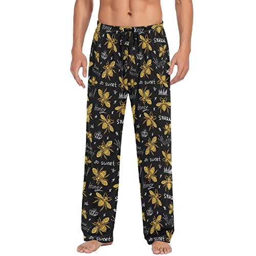 Mens Pajama Pants Honey Bee Golden Embroidery Lounge Pants Super Soft Pajama Bottoms with Pockets