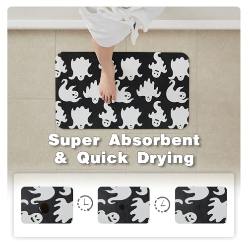 Halloween Bath Mat, Thin Halloween Bathroom Rug Non Slip Quick Dry Ghost Bath Mat Fits Under Door Thin Floor Mat Halloween Decor, 17''x30'', Spooky Ghosts Black