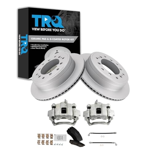 Image of TRQ Rear Brake Pad and Rotor Set Ceramic Coated Rotors Calipers Compatible with 2010-2021 Lexus GX460 2010-2020 Toyota 4Runner