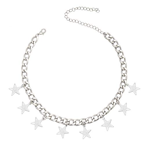 CrazyPiercing Silver Tone Star Necklace Chain, Tassel Star Choker Chain, Boho Statement Necklace Charm Pendants Collar, Dangling Star Curb Link Chain for Women