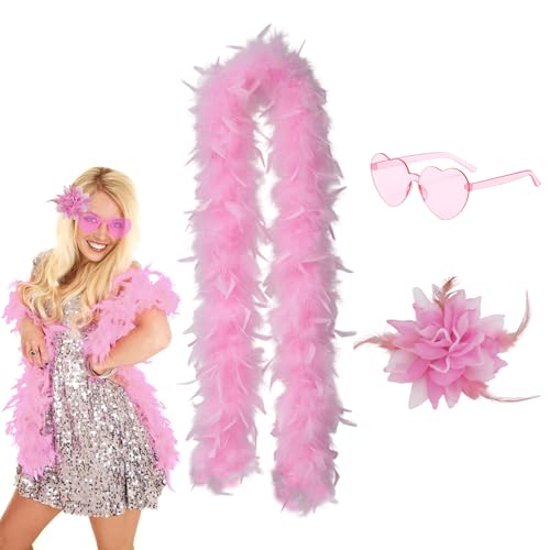 3-Piece Feather Boa Pink Feather Boa Pink Boa Pink Feathers with Glasses and Flower Headband Set for Costume Party