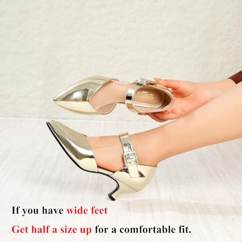Image of RIBONGZ Comfortable Kitten Heels for Women Pointed Closed Toe Ankle Strap Buckle Heels Slip on Low Heel Church Pumps Wedding Bridal Party Dressy Shoes