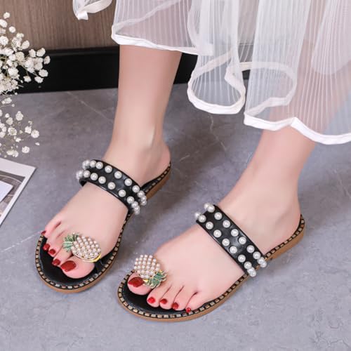 Fruit Toe-Post Sandals for Women Cute Yellow Slippers With Pearl Pineapple Flat Sandals Outdoor Summer 7