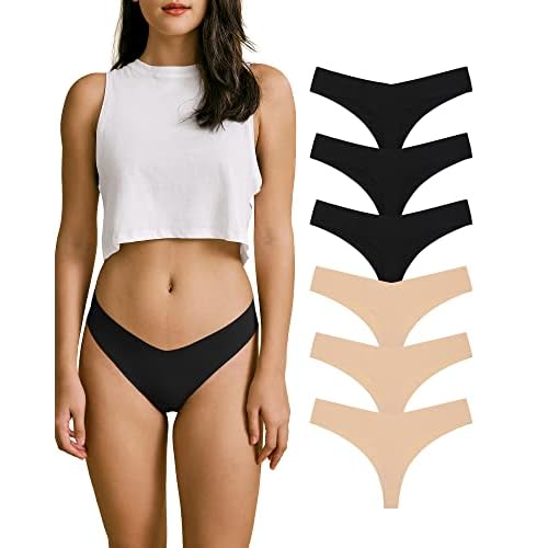 SHARICCA Women No Show Seamless Underwear Thong Invisible Soft Panties Multi Pack Medium (6 Pack) 3 Black 3 Beige