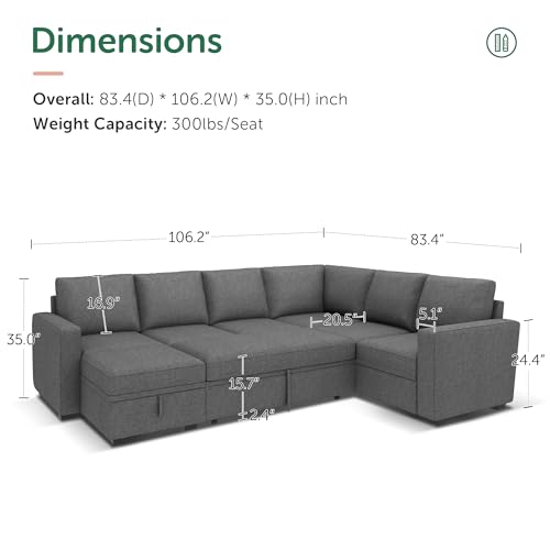 Image of HONBAY Sectional Sleeper Sofa with Pull Out Bed, U Shaped Couch with Storage, Modular Sectional Couches for Living Room, Dark Grey