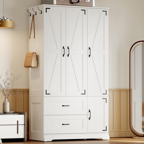 LIKIMIO Armoire Wardrobe Closet 71' H, Bedroom Wooden Wardrobe with 4 Doors and 2 Drawers, Farmhouse...