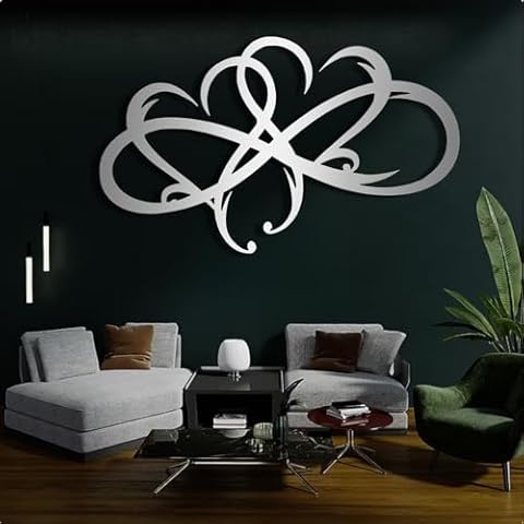 Infinity Heart Metal Wall Art, Double Infinity Heart Metal Sign, Geometric Metal Wall Art, Metal Love Infinity Sign Wall Decor, Large Metal Wall Art, Metal Wall Art for Bedroom, Wedding Gift (48" W x 28" H/121x70cm, Silver) Cover