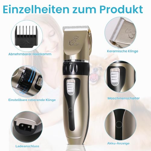 Anluomania Hundeschermaschine, Haarschneidemaschine für Hunde, Tierhaarschneidemaschine, Tierhaarschneider, Leiser Wiederaufladbarer, Kabelloser, mit 4 Führungskamm, für Hunde Katzen Alle Felltypen