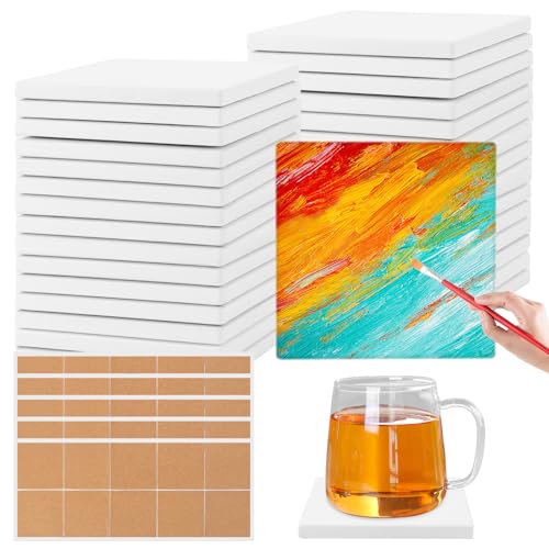DAJAVE 20 Stück Keramik-Kacheluntersetzer zum Basteln, 10X10CM Quadratische Weiße Keramik Untersetzer, Untersetzer für Kinder zum Basteln, Keramikfliesen für Bastelarbeiten, Kork-Unterlagen enthalten