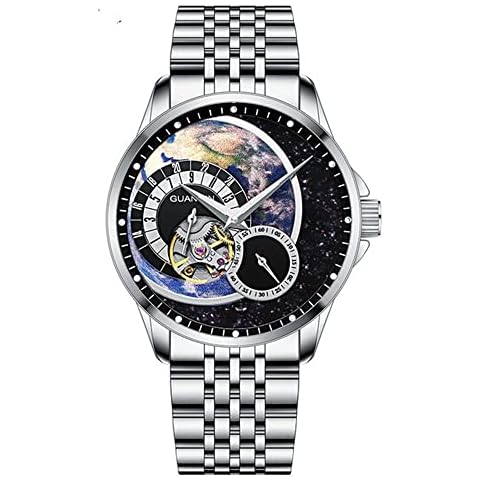 GUANQIN Skeleton Tourbillon Automatic Mechanical Men Wrist Watch Business Stainless Steel Sapphire Crystal Waterproof Self-Winding Clock Luminous Chronograph (Silver Black) Cover