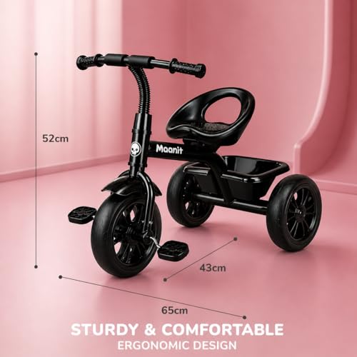 Image of Maanit Kids Tricycle with Rear Basket | Comfortable Cushioned Seat | Baby Trike for Boys & Girls Ages 2 to 4 Years | Sturdy & Safe Tricycle
