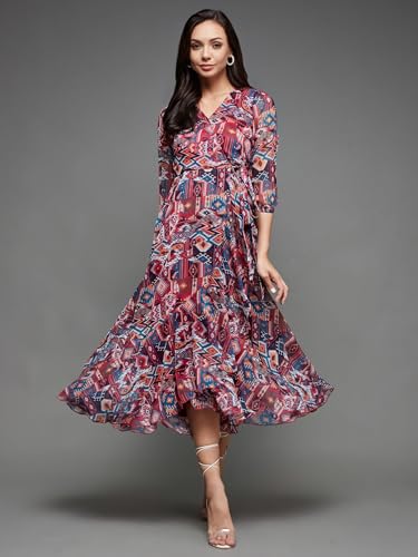 Image of Miss Chase Women's V Neck Full Sleeves Relaxed Fit Midi Length Dress