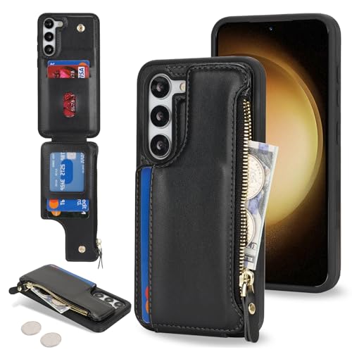 Étui Galaxy S23 Plus Cavor avec porte-cartes et poche zippée en cuir noir