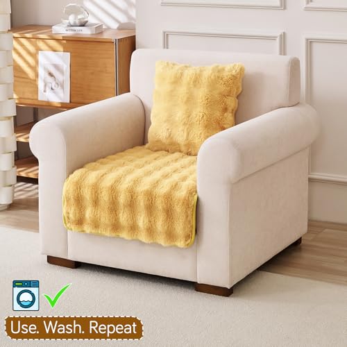 Image of HOKIPO 'FurHug' Luxury Faux Rabbit Fur Anti Slip Sofa Seat Mat for 1 Seater, Honey Yellow (NEW-5010-YLW*1)