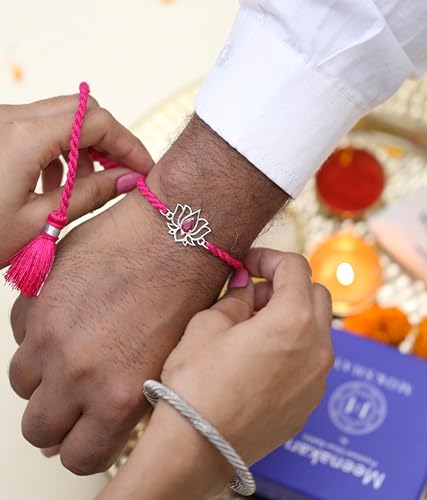 Image of MEENAKARI HERITAGE JEWELLERY Pure 925 Sterling Silver Lotus With Zircon Rakhi Set With Roli Chawal And Rakshabandhan Greeting Card For Brother /Sister /Unisex