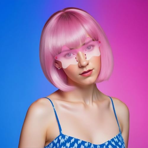 Image of ANOGOL Light Pink Bob Wig with Bangs Baby Pink Wigs for Women Colored Wigs | Hair Cap+Sunglasses Short Neon Wig for Bachelorette Party Funny Outfit for Women Halloween Costume Night Club Crazy Hair Day