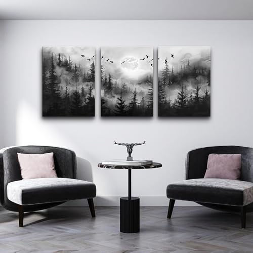DZRWUBHS Wall Art For Living Room Canvas Wall Decor For Bedroom Black And White Wall Painting Modern Office Decorations Misty Forest Landscape Abstract Wall Pictures Farmhouse Wall Hanging Decor