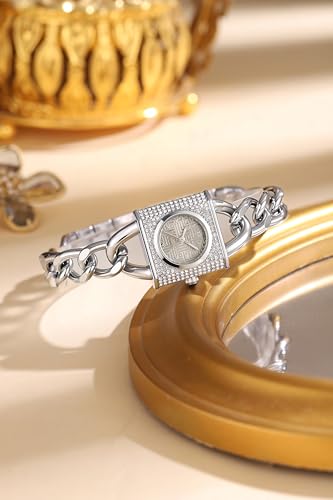 Image of Giordano Analog Quartz Watch for Women with Textured Square Dial, Crystal Studded Bezel, Blue Crown, Stainless Steel Strap - GZ-60160