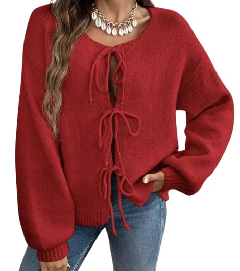 Womens Bow Tie Front Cardigan Sweater Casual Fall Long Sleeve Crew Neck Open Front Crop Tops Coat Plain