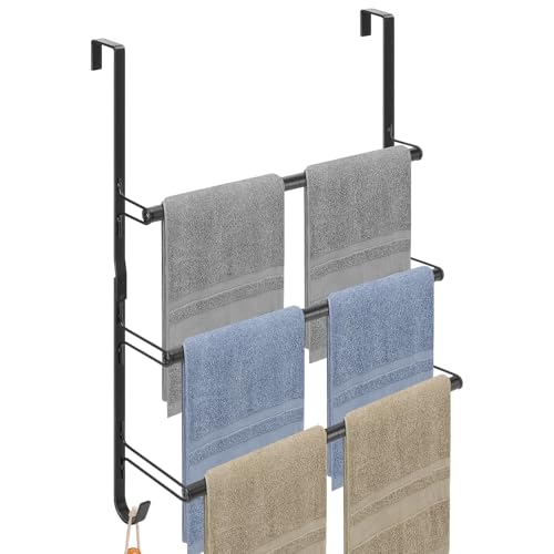 Livabber 3-Tier Over The Door Towel Rack, All Metal Towel Rack with Hooks for Door Hanging, Behind Door Towel Bar Towel Storage Holder for Bathroom Accessories, Black (19.37' L x 5.9' W x 24.4' H)