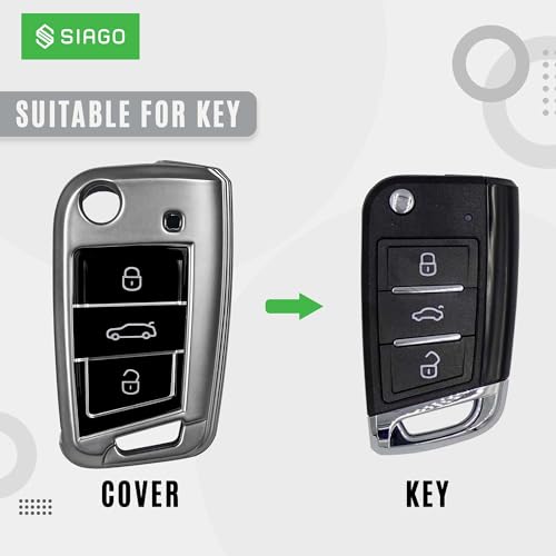 Image of SIAGO TPU Key Cover and Round Key Chain Compatible with Skoda & Volkswagen Cars Kylaq | Slavia | Kushaq | Octavia | Virtus | Taigun | Tiguan | T ROC 3 Button Flip Key (Grey)