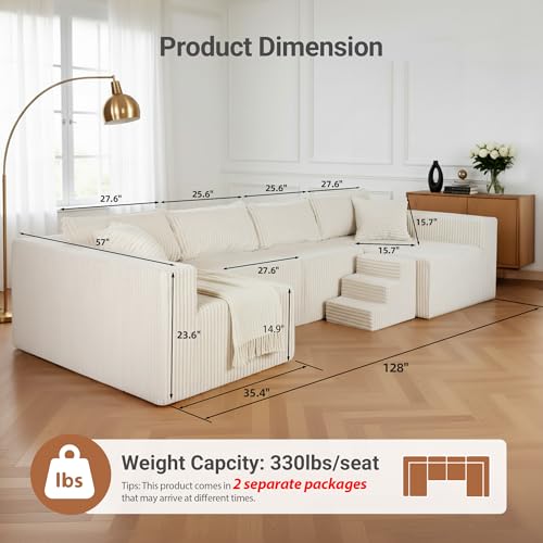 Image of Claiks 128 inch Modular U Shaped Couch, Sectional Deep Seat Sofa with Pet Stair, Khaki