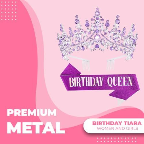 Birthday Tiara Crown with Sash for Women, Headband Hair Accessories for Wedding Party Costume (A-Purple)