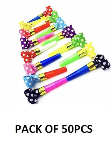 Image of 50pcs New Colorful Polka Dot Blowouts Paper Blow Outs Noise Makers Whistle Horn Cheering Props Birthday & Kids Party Supplies (Multicolor)