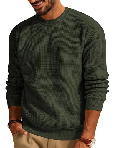 QUNERY Maglione Girocollo da Uomo Pullover Autunno Invernale Maglia Waffle Lavorato Maglioni Casual Manica Lunga Verde Militare XL