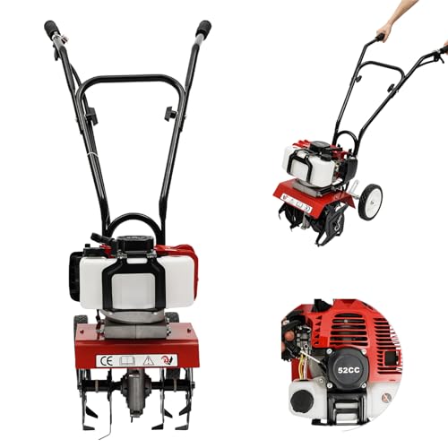 CUBELLIN Upgraded 52CC Mini Tiller Cultivator Air-Cooled 2 Stroke Tiller Cultivator Gasoline Engine Tiller 1.65KW Tiller Cultivator for Gardening Manganese Steel Ripper Tiller Cultivator