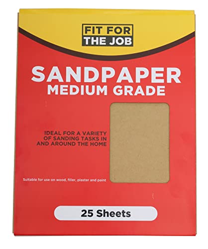Fit For The Job Paquete de 25 hojas de papel de lija de grado medio para lijar madera, muebles, metal, yeso para mejoras en el hogar, decoración y más Cover