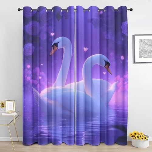 Swan Couple Curtains for Bedroom Decor, Love Heart Blackout Curtains