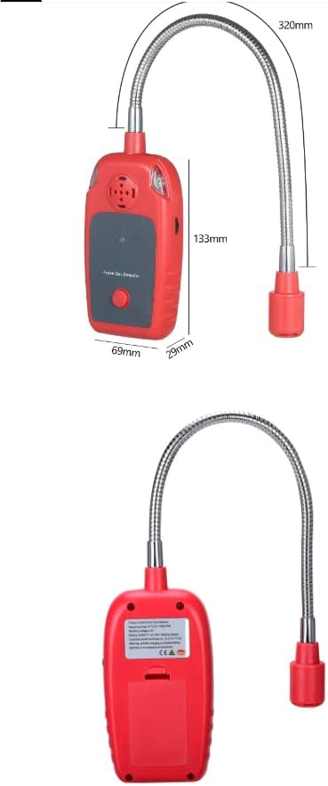 Diagram illustrating the dimensions of the VIHELM WT8827 Portable Gas Detector, showing its length, width, and the length of the gooseneck.