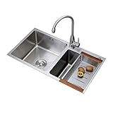 【Einfach zu säubern】 Die Wanne nimmt die Rostschutzschicht des Zeichnungsprozesses, gerundete Ecken, einfach zu säubern und leiser Betrieb an.Entwässerungssystem aus Edelstahl mit glatter Entwässerung und 2 Lagen Schnellablassrohr für eine schnelle Entwässerung.Diese Materialien reduzieren wirksam Bakterien, wirken stark dekontaminierend und verhindern das Rosten des Spülbeckens.