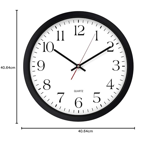 Image of Bernhard Products Black Wall Clock, Silent Non Ticking - 16 Inch Extra Large Quality Quartz Battery Operated Round Easy to Read Home /Office /Business /Kitchen /Classroom /School Clock (16 Inch)