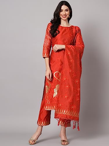Image of VredeVogel Women's Cotton Silk Jacquard Kurta Pant Set with Banarasi Silk Dupatta