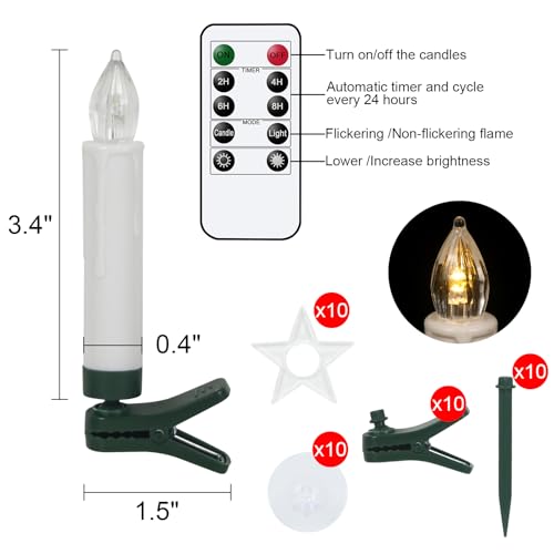 Image of Wondise Christmas Flameless Taper Candle Christmas Tree Candle Lights Battery Operated Candles with Remote & Timer, 10pcs Set Plastic Flickering LED Candles for Christmas Holiday Home Garden Decor