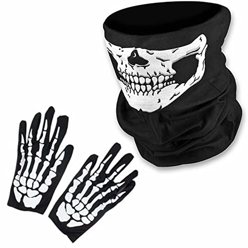 Bufanda de Calavera de 2 Piezas,Skull Mask,Diadema de Ciclismo,Guantes de Esqueleto,Equipo de Motociclista,Máscara de Calavera de Halloween