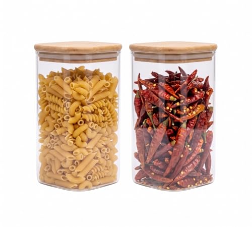 Image of 1500ML Airtight Square Glass Storage Jar with Bamboo Lid & Silicone Seal, Borosilicate Container for Rice, Dal & Dry Fruits | Transparent Stackable Multipurpose Pantry Organizer (Pack of 2)