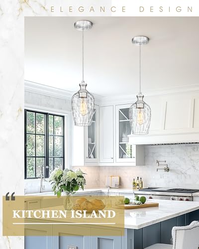 Image of Brushed Nickel Pendant Light Kitchen Island, Hammered Clear Glass | 1-Pack, Hanging Lights Fixtures with Hand-Blown Glass Shade, Farmhouse Kitchen Island Lighting Over Sink, AD-24027-1P-SN